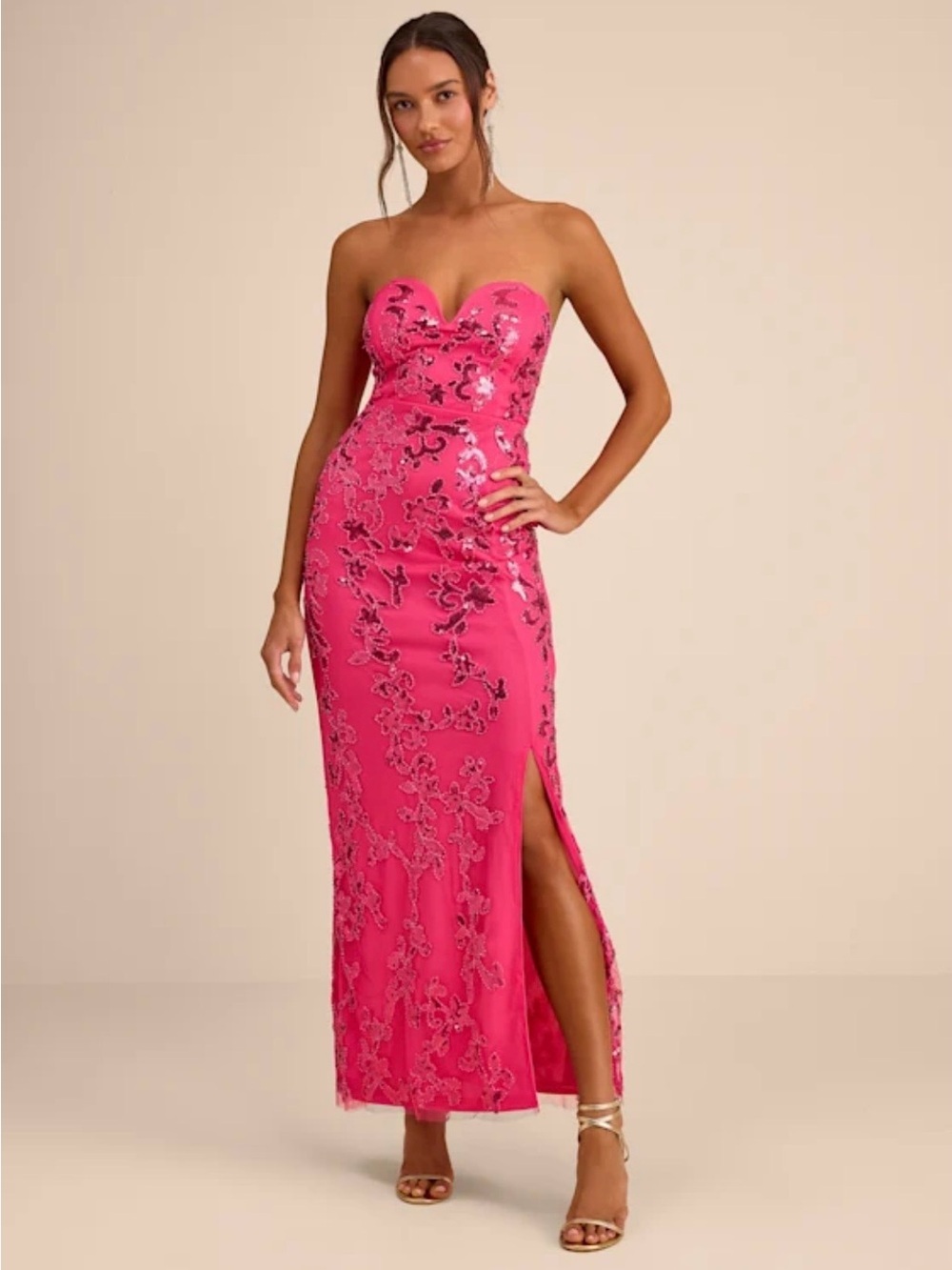 Lulu's Hot Pink Strapless Sweetheart Embroidered Maxi Dress